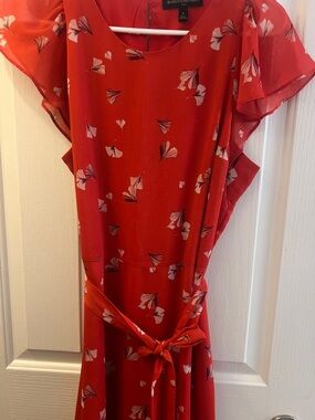 Banana Republic Red Floral Tie-Belt Flutter-Sleeve Dress